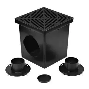 1200BKITRTL1PK Square Catch Basin Drain Kit with 2-Opening Catch Basin Drain, 2 Adapters, 1 Outlet Plug, and 1 Plastic Drain Grate, 12-Inch, for Lawns, Lacaped Areas, Black