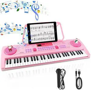 Kids Keyboard Piano, Portable 61 Keys Keyboard Electronic Digital Piano, Early Learning Educational Musical Piano Toy Keyboard for Beginners with Music Stand, Microphone (Pink)