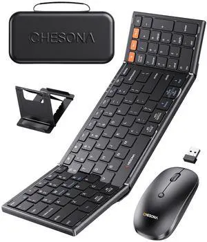 Foldable Keyboard and Mouse Combo - Ultra Slim 600g with 2.4G+Dual Bluetooth Compact Wireless Folding Keyboard with Stand - Portable for Business/Travel with Case - Win/Mac/iOS/Android - Black