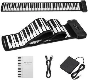 88 Keys Roll Up Keyboard Piano, Portable Electric Foldable Piano with Sustain Pedal, 14 Songs, 128 Tones, 128 Rhythms, Rechargeable & Dual BT Function, Music Gift for Beginners