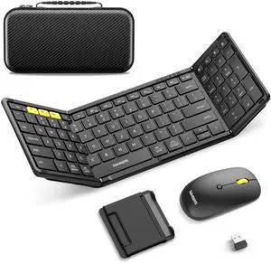 Foldable Keyboard and Mouse,  Folding Bluetooth Keyboard Combo, 2.4G + BT5.0 x 2, Full-Size Portable Travel Keyboard & USB-C Rechargeable Wireless Mouse for iOS Android Windows Mac OS