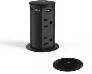 Pop up Outlet for Countertop,2.5 Inch Hole Desktop Power Grommet,Recessed Power Strip,20W USB C Fast Charging,4 Outlets 4 USB Ports,15Amp Tamper Resistant Receptacle for Home,Kitchen,Office Black