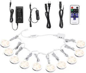 Linkable Under Cabinet LED Lighting 12V Dimmable Puck Lights with Wireless RF Remote Control, Hardwired & Wall Plug in for Furniture Cupboard Lighting(10 Lights, Warm White)