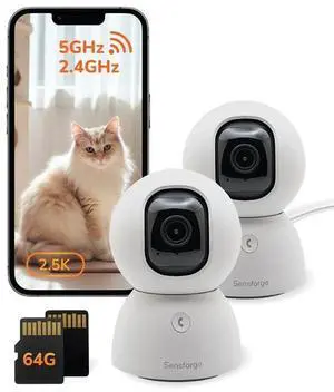 2.5K Indoor Pan-Tilt Dome Security Camera (2-Pack), AI Human & Pet Detection, 360° Coverage, Two-Way Audio, Dual-Band Wi-Fi (2.4G/5G), 64GB SD Card Included, No Monthly Fees