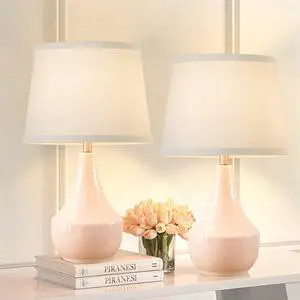 Table Lamp Set of 2, 18.63 Ceramic Lamp Classic Beside Lamps Nightstand Lamp Modern Bedside Lamp for Living Room, Bedroom & Office Rocker Swtich Pink-LED Bulbs Included