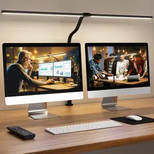 LED Desk Lamp for Home Office, 24W Computer Desk Light with Remote Control, Bright Table Lamp with Clamp Dimmable Tall Desktop Lighting with Bendable Gooseneck, Double Head, Black LED Desk Lamp for Home Office, 24W Computer Desk Light with Remote Control, Bright Table Lamp with Clamp Dimmable Tall Desktop Lighting with Bendable Gooseneck, Double Head, Black