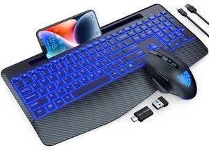 Wireless Keyboard and Mouse Backlits, Wrist Rest, LED Mouse, Rechargeable Ergonomic Keyboard with Phone Holder, Silent Light Up Combo for Computer, Mac, PC, Laptop, Chromebook (Black)