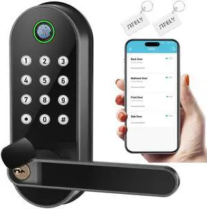 Keyless Entry Fingerprint Smart Lock with Handle & Keypad:  Biometric Digital Electronic Lock with Code, Electric Deadbolt Door Knob for Front, Interior, Exterior & Bedroom Doors (Black)