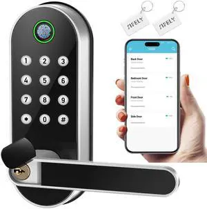 Keyless Entry Fingerprint Smart Lock with Handle & Keypad:  Biometric Digital Electronic Lock with Code, Electric Deadbolt Door Knob for Front, Interior, Exterior & Bedroom Doors (Silver)
