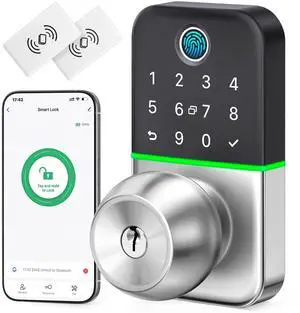 Keypad Smart Door Lock with Knob:  Keyless Entry Fingerprint Lock for Front Door - Keypad Digital Lock with Handle - Electronic Code Door Knob - Easy Installation - Generate Passcode Remotely