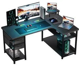Gaming Desk with Drawers, Carbon Fiber Style L Shaped Computer Desk Compatible with Monitor Arm Corner Desk Gaming Table for Home Office Desks, Easy to Assemble Adjustable Shelf Height