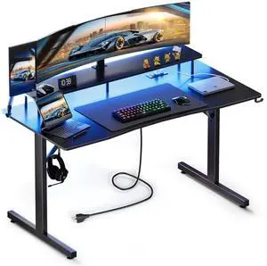 55 Inch Gaming Desk with USB Charging Ports and LED Lights, Computer Desk with Monitor Stand for Home Office, Modern Gamer Desk Table with Mouse Pad & Side Hook, RGB