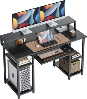 Computer Desk with Keyboard Tray, 47 Inch Office Desk with Monitor Stand and Storage Shelves, Music Studio Desk Workstation, Work Table for Home Office, Black