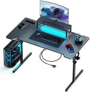 Small Gaming Desk with LED Lights & Power Outlets, 55 Inch Computer Desk with Monitor Stand, PC Gaming Table with Carbon Fiber, Black Small Gaming Desk with LED Lights & Power Outlets, 55 Inch Computer Desk with Monitor Stand, PC Gaming Table with Carbon Fiber, Black