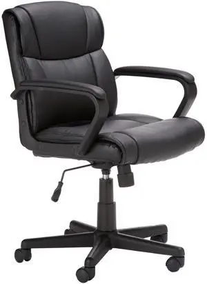 Office Computer Task Desk Chair with Padded Armrests, Mid-Back, Adjustable, 360 Swivel, Rolling, 275 Pound Capacity, 24.2"D x 24"W x 34.8"H, Black Faux Leather