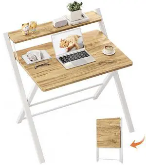 Portable Small Desk No Assembly, 2-Tier Compact Computer Desk with Shelf, Space Saving Foldable Table for Home Office, Bedroom or Apartment, Portable Collapsible Sturdy Laptop Desk, Oak