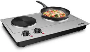 1800W Double Hot Plate, Stainless Steel Silver Countertop Burner Portable Electric Double Burners Electric Cast Iron Hot Plates Cooktop, Easy to Clean, Upgraded Version C180N