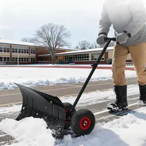 Snow Shovel with Wheels for Driveway, 29 in Wide Heavy Duty Push Snow Plow Shovel, Adjustable Handle, Angled Blade, Efficient Snow Removal for Pavement