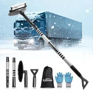 72" Extendable Long Snow Brush with Ice Scraper for Car Truck SUV Van - Soft Squeegee with 270° Pivoting Brush Head for Windshield Window - Snow Scraper & Antifreeze Gloves for Car Winter Accessories