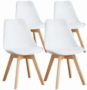 Set of 4 Dining Kitchen Mid-Century Modern Chairs with Wood Legs and PU Leather Cushion for Living Room Bedroom Outdoor Lounge, White