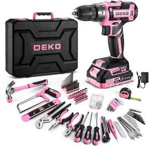 Pink Drill Tool Kit Set: 20V Cordless Power Drill Tool Box with Battery Electric Drill Driver for Men Home Hand Repair Basic Toolbox Tools Sets Drills Case, DKMT186-GP