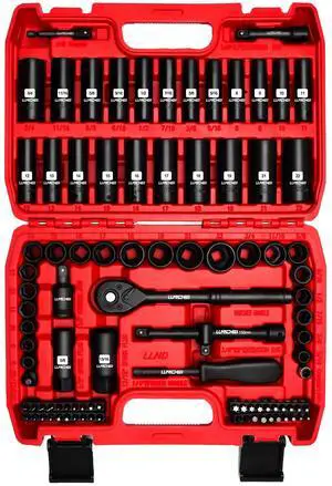 3/8Drive Impact Socket Set,Standard SAE(5/16 to 3/4-Inch) Metric Size(8-22mm), 95 Piece, CR-V Steel Deep&Shallow Kit, Adapters, Ratchet Handle, Screwdriver Bit Set, Spark Plug Socket, 6 Point