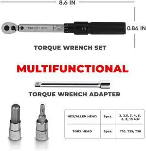 1/4 Inch Drive Click Bicycle Torque Wrench Set  2 to 20 Nm  Maintenance Kit for Road and Mountain Bikes - Includes Allen and Torx Screws, Extension Bar and Storage Box - ISO Certified