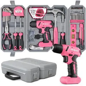 58pc Pink 8V USB Electric Power Cordless Drill Driver and Womens Ladies Home DIY Tool Kit Set. Screwdrivers, Drill Bit Set Accessories, Pliers and Hammer In a Toolbox Case