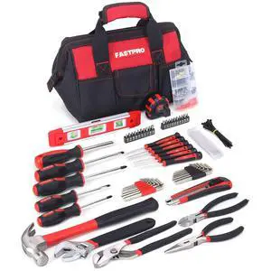 215-Piece Home Repairing Tool Set with 12-Inch Wide Mouth Open Storage Bag,Household Hand Tool Kit,Red