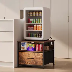 180 lb Mini fridge Table with Drawer fridge Shelf, Mini fridge cabinet with storage,Heavy Duty Mini Fridge Standwith Charging Station, 4 Adjustable Feet for Home Kitchen Rustic Brown