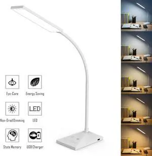 LED Desk Lamp Home Table Lamp 7 Levels Adjustable Night Light + USB Port White