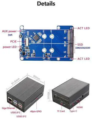 MPS2280D For Raspberry Pi 5 PCIE To M.2 Dual NVME SSD HAT+Case+SSD/Pi5 Heat Sink Support 2280/2242/2230 SSD Replacement