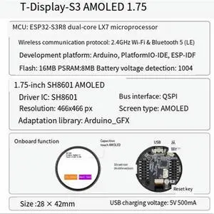 T-Display-S3 ESP32-S3 Development Board 1.75-Inch AMOLED, , Bluetooth 16MB Flash, 8MB PSRAM