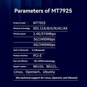 7 MT7925 PCI-E Adapter Card Kit Tri Band 2.4G/5G/6Ghz 5374Mbps BT5.3 Desktop Wireless Network Adapter For Win10/11