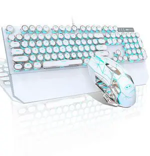 Typewriter Mechanical Gaming Keyboard and Mouse Combo, Retro Punk Round Keycaps RGB Rainbow Backlit Wired Keyboard for Game and Office, for Windows Laptop PC, Red Switches(White)