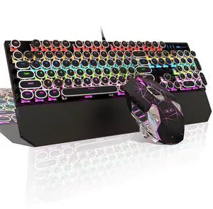 Typewriter Mechanical Gaming Keyboard and Mouse Combo, Retro Punk Round Keycaps RGB Rainbow Backlit Wired Keyboard for Game and Office, for Windows Laptop PC, Red Switches(Black)
