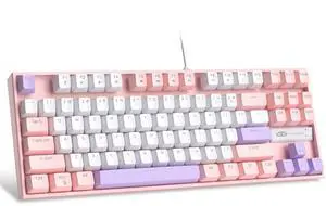 MageGee 75% Mechanical Gaming Keyboard, Red Switch, LED Blue Backlit, 87 Keys Compact TKL Wired Computer Keyboards for Windows Laptop PC Gamer - White/Pink