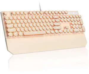 MageGee Typewriter Mechanical Gaming Keyboard, Retro Punk Creamy Round Keycaps, 104 Keys LED White Backlit Wired Keyboards for Laptop MAC PC Gamer, with Magnetic Wrist Rest, Blue Switch