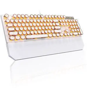 MageGee Typewriter Mechanical Gaming Keyboard, Retro Gold Punk Round Keycaps LED Backlit Wired Keyboards for Laptop MAC PC Gamer, with Magnetic Wrist Rest - Blue Switch