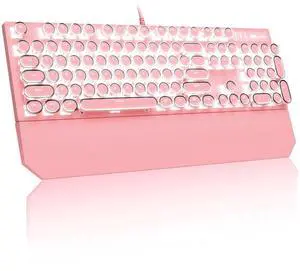MageGee Typewriter Mechanical Gaming Keyboard, Retro Punk Pink Round Keycaps, 104 Keys LED White Backlit Wired Keyboards for Laptop MAC PC Gamer, with Magnetic Wrist Rest, Blue Switch