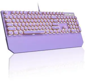 MageGee Typewriter Mechanical Gaming Keyboard, Retro Punk Purple Round Keycaps, 104 Keys LED White Backlit Wired Keyboards for Laptop MAC PC Gamer, with Magnetic Wrist Rest, Blue Switch