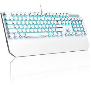 MageGee Typewriter Mechanical Gaming Keyboard, Retro Punk White Round Keycaps, 104 Keys LED Blue Backlit Wired Keyboards for Laptop MAC PC Gamer, with Magnetic Wrist Rest, Blue Switch