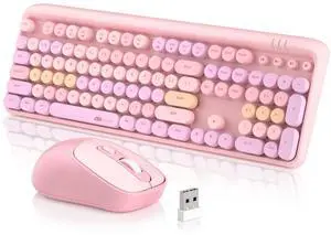 MageGee V920 Wireless Keyboard and Mouse Combo, 2.4G Full-Sized Retro Typewriter Keyboard with Round Keycaps & Auto-Sleep Mode, Cute Computer Keyboard and Cordless Optical Mouse for Laptop/PC (Pink)