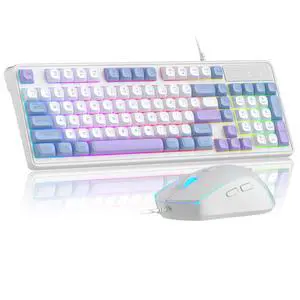 Wire Gaming Keyboard,Creamy Keyboard and Mouse Combo, 7 Colorful Rainbow Backlight Classic Gaming Keyboard (White & Blue & Purple)
