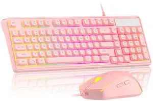 Pink Creamy Keyboard and Mouse Combo,MageGee GK980 Wired RGB Backlit Keyboard and Pink Gaming Mouse Combo,PC Keyboard and Adjustable Sensitivity Mouse for PC/loptop/MAC