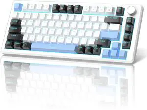 MageGee 75% Mechanical Gaming Keyboard, Compact Blue Backlit Wired Gaming Keyboards with Brown Switches, EVA Foam, Knob Control, STAR75 Portable NKRO PC Gaming Keyboard - White & Blue