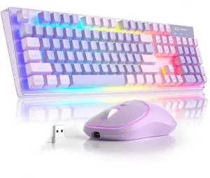 MageGee V550 Wireless Gaming Keyboard and Mouse, 2.4G Full-Sized RGB LED Computer Keyboards with Transparent Shell, Rechargeable Quiet Cordless Mouse & Keyboard Combo for Laptop/PC/Desktop (Purple)
