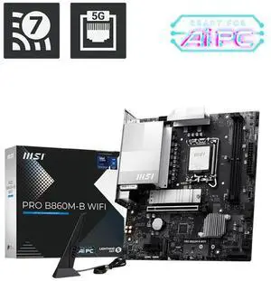 MSI PRO B860M-B WIFI LGA 1851 Intel B860 SATA 6Gb/s DDR5 PCI-E x16 slot M.2 USB-C Wi-Fi 7 Micro ATX Motherboard MSI PRO B860M-B WIFI LGA 1851 Intel B860 SATA 6Gb/s DDR5 PCI-E x16 slot M.2 USB-C Wi-Fi 7 Micro ATX Motherboard