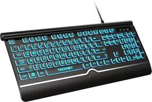 TECKNET Large Print Backlit Keyboard, Wired USB-A Computer Keyboard with Wrist Rest, 7-Color Backlit, Oversized Letter Keys Easy to See, Plug-and-Play, Silent, LED Compatible for Windows/PC/Laptop