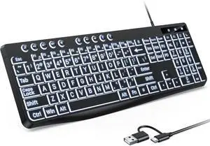 OMOTON Large Print Backlit Keyboard with Type-C and USB A Dual Interface, Wired Computer Keyboard Oversize Font Key with White Backlight Easier to See and Type, Full Size for Windows, PC, Laptop